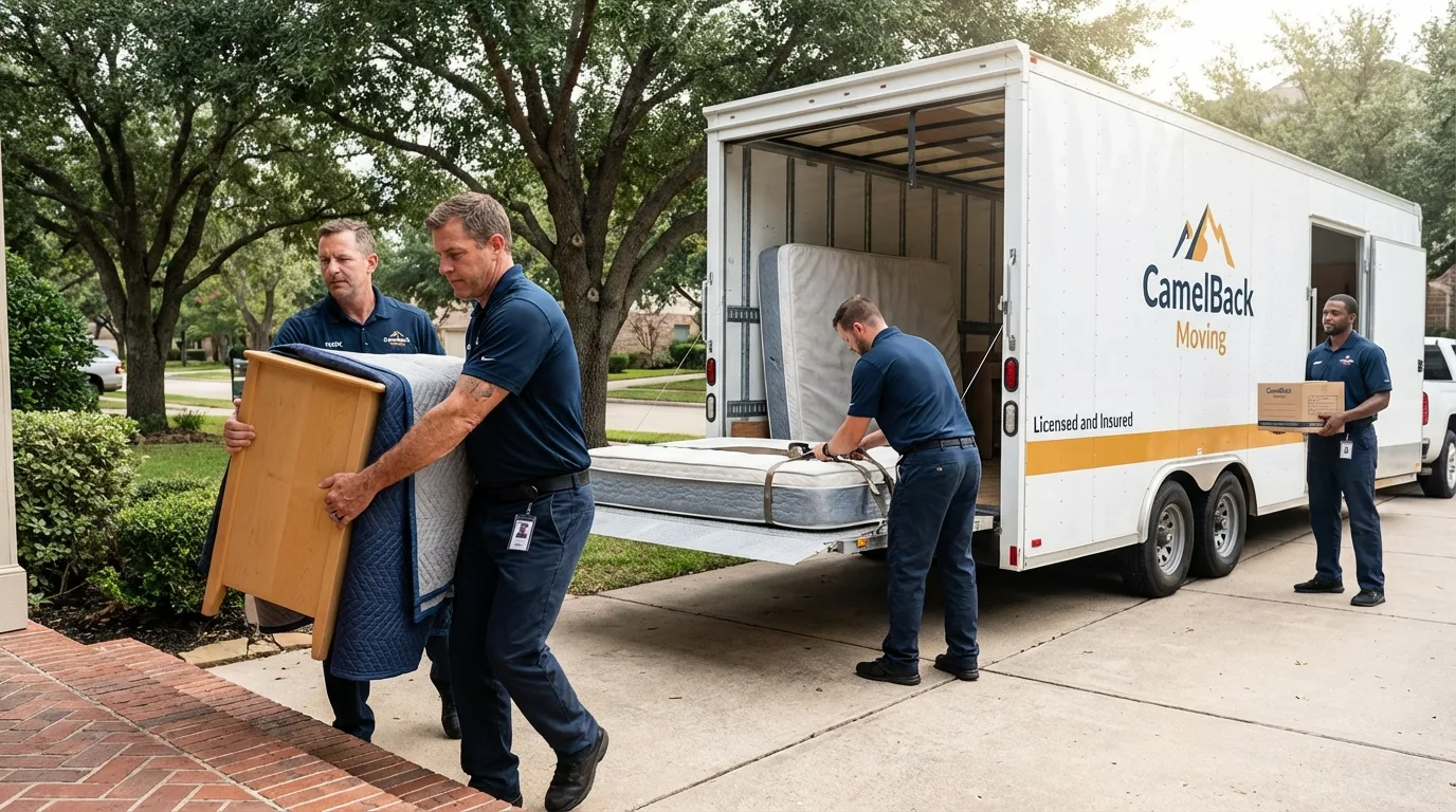 Crew loading residential truck for cross-state move from Earth, TX