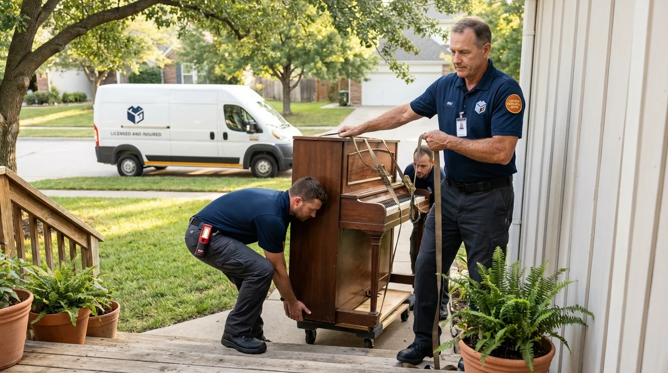 Licensed piano movers securing grand piano in Earth, TX