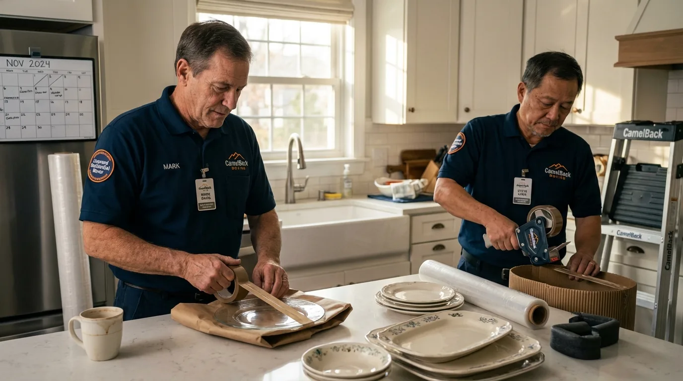 Professional crew packing kitchen dishware in Earth, TX
